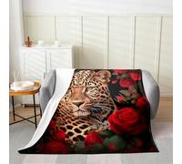 Manfei Leopard Flannel Blanket Rose Bloom Pattern Throw Blanket Wild Animal Skin Retro Style Cozy Throws for Bed Couch Sofa,Kids Boys Girls Room Decor,Soft and Breathable(60 x 80 Inches)