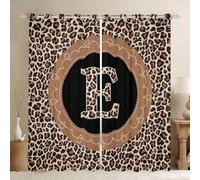 Manfei Leopard Letter E Window Curtains Brown Cheetah Print Window Drapes,Wild Animals Skin Print Window Treatments,Kids Boys Girls Room Decor,Grommet Top 2 Panel Set Bedroom Curtains, 46Wx72L inch