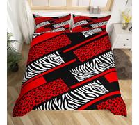 Manfei Leopard Zebra Kids Duvet Cover Set Single Size, Red Cheetah Print Bedding Set for Boys Girls Bedroom Decor, Black White Zebra Striped Comforter Cover, Animals Skin Quilt Cover, 1 Pillowcase