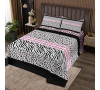 Manfei Leopard Zebra Print Bedspread King Size,Giraffe Cheetah Skin Stripe Patchwork Coverlet Set 3pcs,Pink Black White Quilted Coverlet with 2 Pillowcases,Kids Boys Room Decor,Soft Bedding Quilt