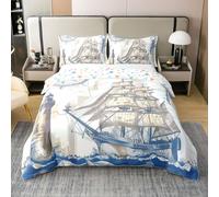 Manfei Lighthouse Kids Duvet Cover 100% Cotton Single Size,Sailing Boat Nautical Adventure Ocean Bedding Set,Sea Waves Compass Rustic Retro Comforter Cover,1 Pillowcase(No Comforter)