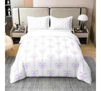 Manfei Lilac Bow 100% Cotton Duvet Cover Set King Size, Cute Bowknot Lines Print Bedding Set 3pcs, Kawaii Bow Ties Quilt Cover, Kids Girls Princess Room Decor, 2 Pillowcases, No Comforter