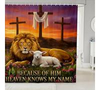 Manfei Lion and Sheep Shower Curtain Set with 12 Hooks,Christian Bible Verses Bathroom Curtain,Kids Teens Adult Wild Animals Waterproof Fabrics Bible Verses Theme Bathroom Decor,72" W x 84" L