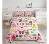 Manfei Lovely Santa Claus Comforter Set Twin Size Abstract Pine Colorful Xmas Tree Bedding Set for Living Room Couch Decor Merry Christmas Girly Pink Soft Chic Quilted Duvet with 1 Pillowcase