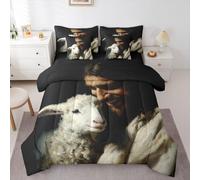 Manfei Man Holding Lamb Full Size Comforter Set,Black White Inspirational Belief Bedding,Spiritual Verse Faith Decor for Kids,Cute Rustic Animal(Fitted+Sheet+2 Pillowcases+2 Throw Pillow Covers)