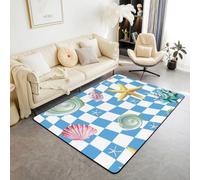 Manfei Marine Life Area Rug Starfish Scallop Conch Indoor Floor Mats Entrance Rugs for Kids Boys Girls Room Decor,Blue White Grid Plaid Non Slip Absorbent Carpets, 4'11" x 3'3" (Rectangular)