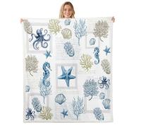Manfei Marine Life Throw Blanket Scallop Starfish Octopus Conch Fleece Blanket Sealife Seaweed Cozy Throws for Bed Couch Sofa,Kids Boys Girls Room Decor,Soft and Breathable(30 x 40 Inches)