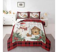 Manfei Merry Christmas Comforter Set Twin Size,Snowman Rustic Cabin Bedding Set Kids Girls Adult Room Decor,Geometric Plaid Down Comforter Soft Duvet Insert,1 Pillowcase