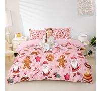 Manfei Merry Christmas Duvet Cover Set Single Size,Santa Claus Bedding Sets 2Pcs for Kids Girls Boys Adult Room Decor,Gingerbread Man Comforter Cover Pink Candy Dessert Quilt Cover,1 Pillowcase
