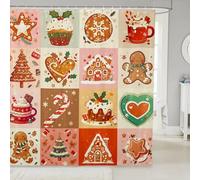 Manfei Merry Christmas Fabric Shower Curtain,Xmas Pine Trees Gingerbread Cake Candy Shower Curtain for Bathroom,Retro Beige Brown Plaids Patchwork Waterproof Shower Curtain,72 Inch Long