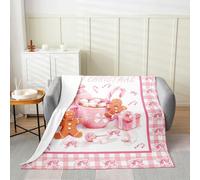 Manfei Merry Christmas Flannel Blanket Gingerbread Man Candy Coffee Throw Blanket Pink Plaid Bowknot Cozy Throws for Bed Couch Sofa,Kids Girls Room Decor,Soft and Breathable(50 x 60 Inches)