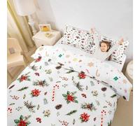 Manfei Merry Christmas Kids Bedding Set Super King Size,Pinecone Candy Cane Berries Duvet Cover Set，Plants Holly Leaves Flower Room Decor,White Red Green Quilt Cover,2 Pillowcases(No Comforter)