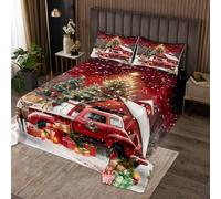 Manfei Merry Christmas Quilt Bedding Set Double,Luxury Christmas Trees and Gifts Coverlet Bedspread,Red Barn Truck Bedding Bed Cover,Happy New Year Gift Bedspread Set (1 Quilt+ 2 Pillowcases)