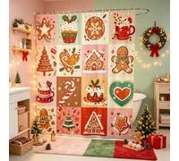 Manfei Merry Christmas Shower Curtain with Hooks,Xmas Pine Trees Gingerbread Cake Candy Bath Curtain,Retro Beige Brown Plaids Patchwork Bathroom Accessories Waterproof Panel,72x 84 Inches