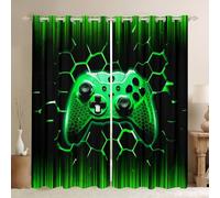 Manfei Modern Gamer Blackout Curtain Green Honeycomb Gamepad Window Treatments, Vodeo Games Window Drapes for Kids Boys Girls Room Decor Grommet Top 2 Panel Set Bedroom Curtains, 46Wx72L inch