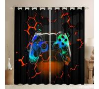 Manfei Modern Gamer Blackout Curtain Orange Honeycomb Gamepad Window Treatments, Children Gaming Window Drapes for Kids Boys Teens Adults Grommet Top 2 Panel Set Bedroom Curtains, 66Wx72L inch
