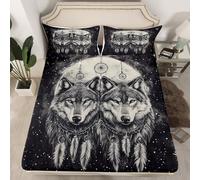 Manfei Moon Wolf Kids Fitted Sheet King Size, Boho Dreamcatcher Bedding Set for Boys Teens Room Decor, Wild Animal Theme Bed Cover with 2 Pillowcases, Soft Polyester Bedding, No Top Sheet