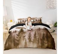 Manfei Mountain Duvet Cover Set Double Size,Bronze Forest Nature Bedding Set 3pcs,Rustic Woodland Pine Tree Landscape Quilt Cover,Kids Boys Girls Room Decor,2 Pillowcases,No Comforter