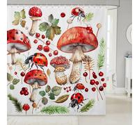 Manfei Mushroom Shower Curtains Cute Ladybug Mushroom Leaves Bathroom Curtains,Wild Plants Ladyird Waterproof Bath Curtains with 12 Hooks Suit for Bathtub,Kids Boys Girls Room Decor,72" W x 72" L