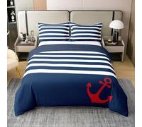 Manfei Nautical Anchor Kids Duvet Cover 100% Cotton Double Size,Sea Waves Geometric Stripes Bedding Set,Summer Ocean Adventure Dark Blue Comforter Cover,2 Pillowcases(No Comforter)