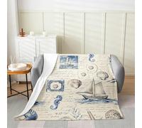 Manfei Nautical Theme Flannel Blanket Seahorse Scallop Octopus Throw Blanket Lighthouse and Sailboat Cozy Throws for Bed Couch Sofa,Kids Boys Girls Room Decor,Soft and Breathable(50 x 60 Inches)