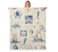 Manfei Nautical Theme Throw Blanket Seahorse Scallop Octopus Fleece Blanket Lighthouse and Sailboat Cozy Throws for Bed Couch Sofa,Kids Boys Girls Room Decor,Soft and Breathable(90 x 90 Inches)
