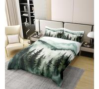 Manfei Navy Blue Misty Forest 100% Cotton Duvet Cover Set Double Size,Rustic Abstract Mountain Bedding Set 3pcs,Alpine Landscape Quilt Cover,Kids Boys Girls Room Decor,2 Pillowcases,No Comforter