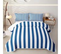 Manfei Navy Blue White Striped Quilted Coverlet Full Size,Modern Geometric Minimalist Quilt Bedding Set,Striped Vertical Stripe Bed Covers All Season,Simple Quilted Bedspread 3 Pieces,2 Pillowcases