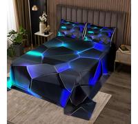 Manfei Neon Light Blue Grid Bedding Set,Abstract Geometric Patchwork Grid Bedspread for Teens Adults,3D Grid Print Simple Style Coverlet Set with 2 Pillowcases,Double Size 3 Pcs