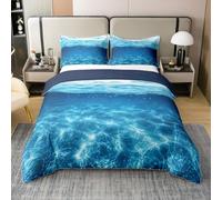 Manfei Ocean Bedding Set Double Size,Blue Seawater 100% Cotton Duvet Cover 3Pcs,Tropical Ocean Beach Comforter Cover for Kids Boys Adult Room Decor,Modern Summer Blue Quilt Cover,2 Pillowcases