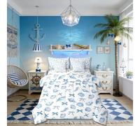 Manfei Ocean Kids Comforter Queen Size,Cute Bowknot Conch Shell Bedding Set 7 Pcs,Nautical Sea Seaweed Bow Tie Decor for Girls Boys,Blue White(Fitted+Sheet+2 Pillowcases+2 Throw Pillow Covers)