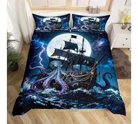 Manfei Octopus Pirate Ship Duvet Cover Double Size 3 Pcs,Moon Lightning Galaxy Night Sky Bedding Sets for Kids Teens Adults,Wild Sealife Ocean Sailing Quilt Cover with 2 Pillowcases(No Comforter)