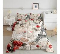 Manfei Paris Eiffel Tower Comforter Set King Size 3 Pcs,Vintage Old Newspaper Letter Hand Drawn Bedding Set,Romantic Red Roses Flowers French Style Quilt Set for Adults Bedroom,2 Pillowcases