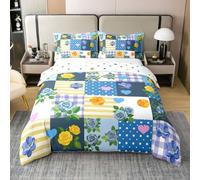 Manfei Patchwork Colorful Flower 100% Cotton Duvet Cover Set Single Size,Beautiful Rose Bedding Set 2pcs,French Style Dots Quilt Cover,Kids Boys Girls Room Decor,1 Pillowcase,No Comforter