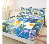 Manfei Patchwork Colorful Flower Fitted Sheet Double Size,Beautiful Rose Bedding Set 3pcs,French Style Dots Bed Sheets with 2 Pillowcases,Kids Boys Girls Room Decor,Soft Bedding(No Flat)