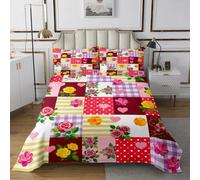 Manfei Patchwork Grid Rose Bedspread King Size,Polka Dots Sweet Heart Coverlet Set 3pcs,French Princess Style Quilted Coverlet with 2 Pillowcases,Kids Boys Room Decor,Soft Bedding Quilt