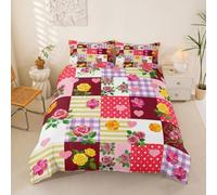 Manfei Patchwork Grid Rose Duvet Cover Set Super King Size,Polka Dots Sweet Heart Bedding Set 3pcs,French Princess Style Quilt Cover,Kids Boys Girls Room Decor,2 Pillowcases,No Comforter
