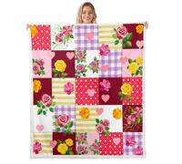 Manfei Patchwork Grid Rose Throw Blanket Polka Dots Sweet Heart Fleece Blanket French Princess Style Cozy Throws for Bed Couch Sofa,Kids Boys Girls Room Decor,Soft and Breathable(50 x 60 Inches)