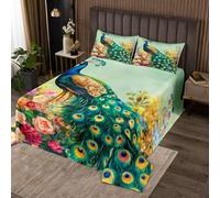 Manfei Peacock Bedspread Double Size,Watercolor Flowers Quilt Sets 3Pcs for Kids Teens Youth Room Decor,Gorgeous Animals Plants Bedding Sets Luxurious Bohemian Down Comforter,2 Pillowcases