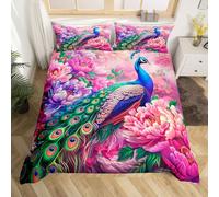 Manfei Peacock Duvet Cover Set Single Size, Pink Purple Peony Flower Bedding Set for Kids Boys Girls Room Decor, Floral Animal Comforter Cover, Soft Polyester Quilt Cover,1 Pillowcase,No Comforter