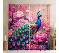 Manfei Peacock Window Curtains Watercolor Flower Window Drapes for Kids Boys Girls Room Decor, Floral Animal Print Window Treatments, Grommet Top 2 Panel Set Bedroom Curtains, 66Wx72L inch