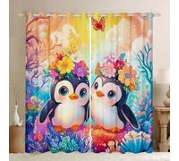 Manfei Penguin Kids Window Curtains Watercolor Marine Life Window Drapes for Boys Girls Room Decor, Floral Animal Window Treatments, Grommet Top 2 Panel Set Bedroom Curtains, 46Wx54L inch