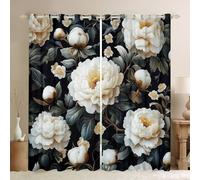 Manfei Peony Window Curtains,Flower Leaves Floral Aesthetic Window Curtains,Vintage Botanical Fashion Boys Girls Room Decor,Black White 2 Panels,66Wx72L inch