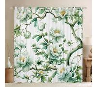 Manfei Peony Window Curtains,Flower Leaves Plant Tree Branch Boys Girls Room Decor,Floral Garden Botanical Window Drapes,Green White 2 Panels,66Wx90L inch