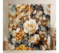 Manfei Peony Window Curtains,Flower Plant Leaves Garden Window Drapes,Botanical Floral Vintage Nursery Bedroom Playroom Decor,Yellow Brown 2 Panels,66Wx72L inch