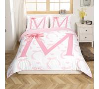 Manfei Pink Bow Duvet Cover Set Double Size, Kawaii Bow Tie Letter M Bedding Set 3pcs, Cute Cartoon Bowknot Girly Quilt Cover, Kids Girls Princess Room Decor, 2 Pillowcases, No Comforter