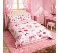 Manfei Pink Bow Duvet Cover Set King Size, Cute Bow Cherry Bedding Set 3pcs, Fashion Bowknot Comforter Cover, Kids Girls Princess Room Decor, Lightweight Bedspread Cover, 2 Pillowcases, No Comforter