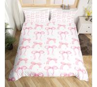 Manfei Pink Bow Duvet Cover Set Single Size, Cartoon Bow Tie Bedding Set 2pcs, Kawaii Bowknot Comforter Cover, Kids Girls Princess Room Decor, Lightweight Bedspread Cover, 1 Pillowcase, No Comforter
