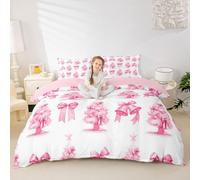 Manfei Pink Bow Duvet Cover Set Super King,Cute Bowknot Bell Xmas Tree Patchwork Bedding Set 3pcs,Christmas Theme Quilt Cover with Zipper Closure,Kids Boys Girls Room Decor,2 Pillowcases,No Comforter