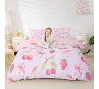 Manfei Pink Bowknot Duvet Cover Set Super King Size,Cute Cherry Strawberry Bow Bedding Set 3pcs,Kawaii Fruit Bow Tie Quilt Cover,Kids Boys Girls Room Decor,2 Pillowcases,No Comforter